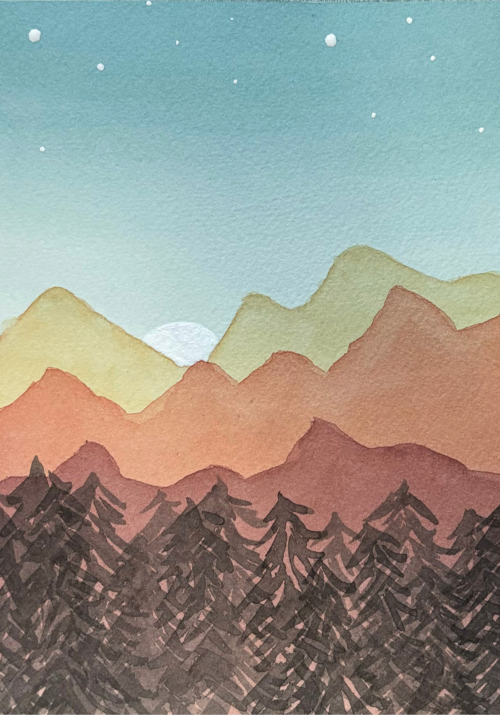 watercolor mountains sunset
