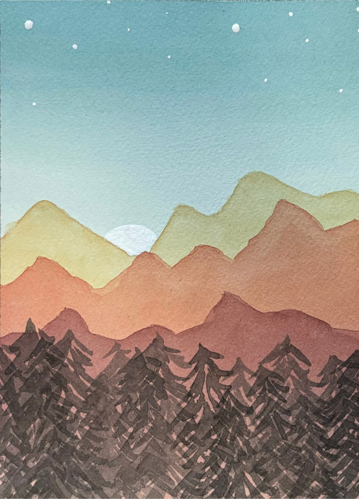 watercolor mountains sunset